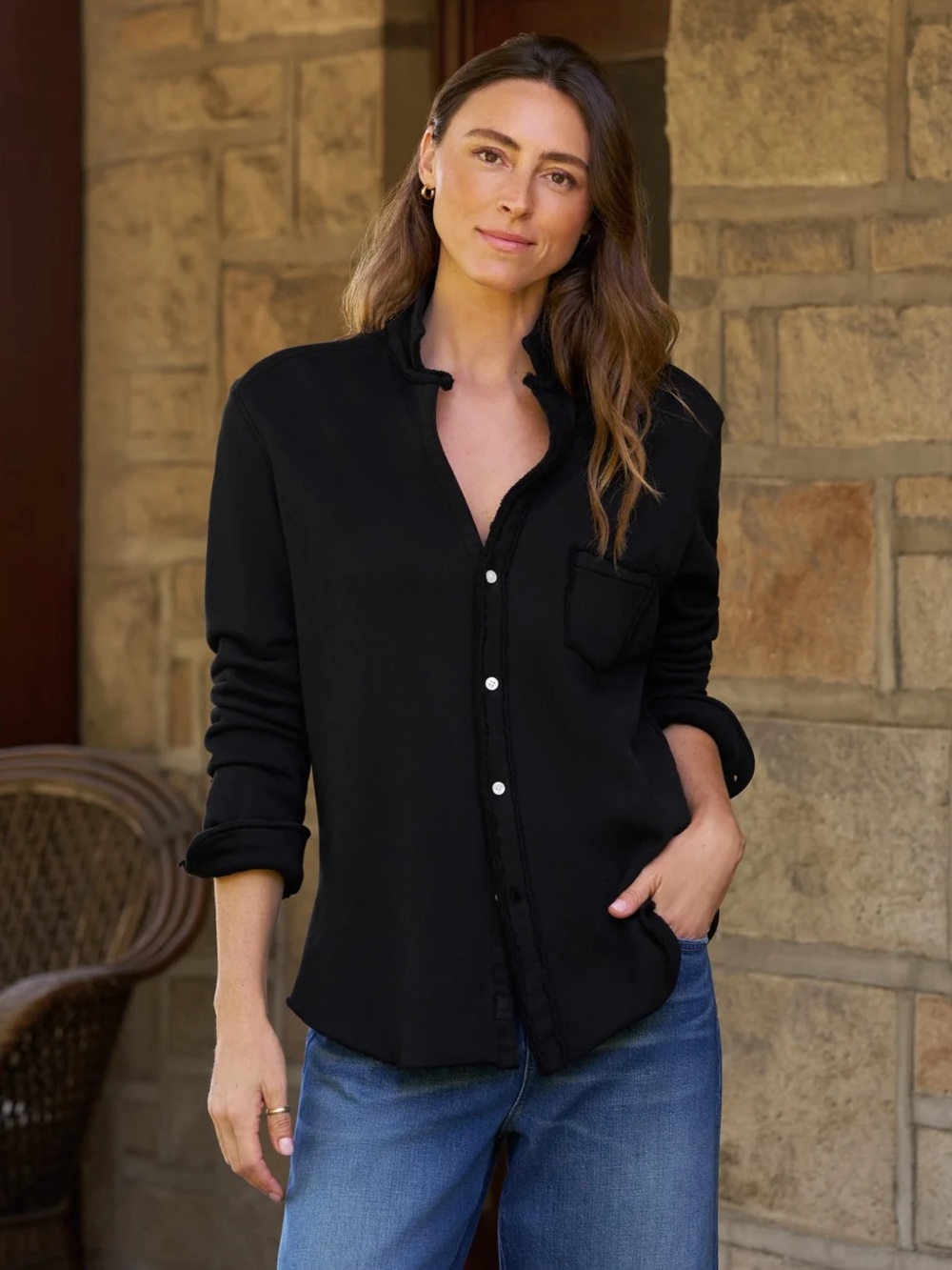 NWT Frank & Eileen Eileen Black Triple Terry Fleece Button-Up S